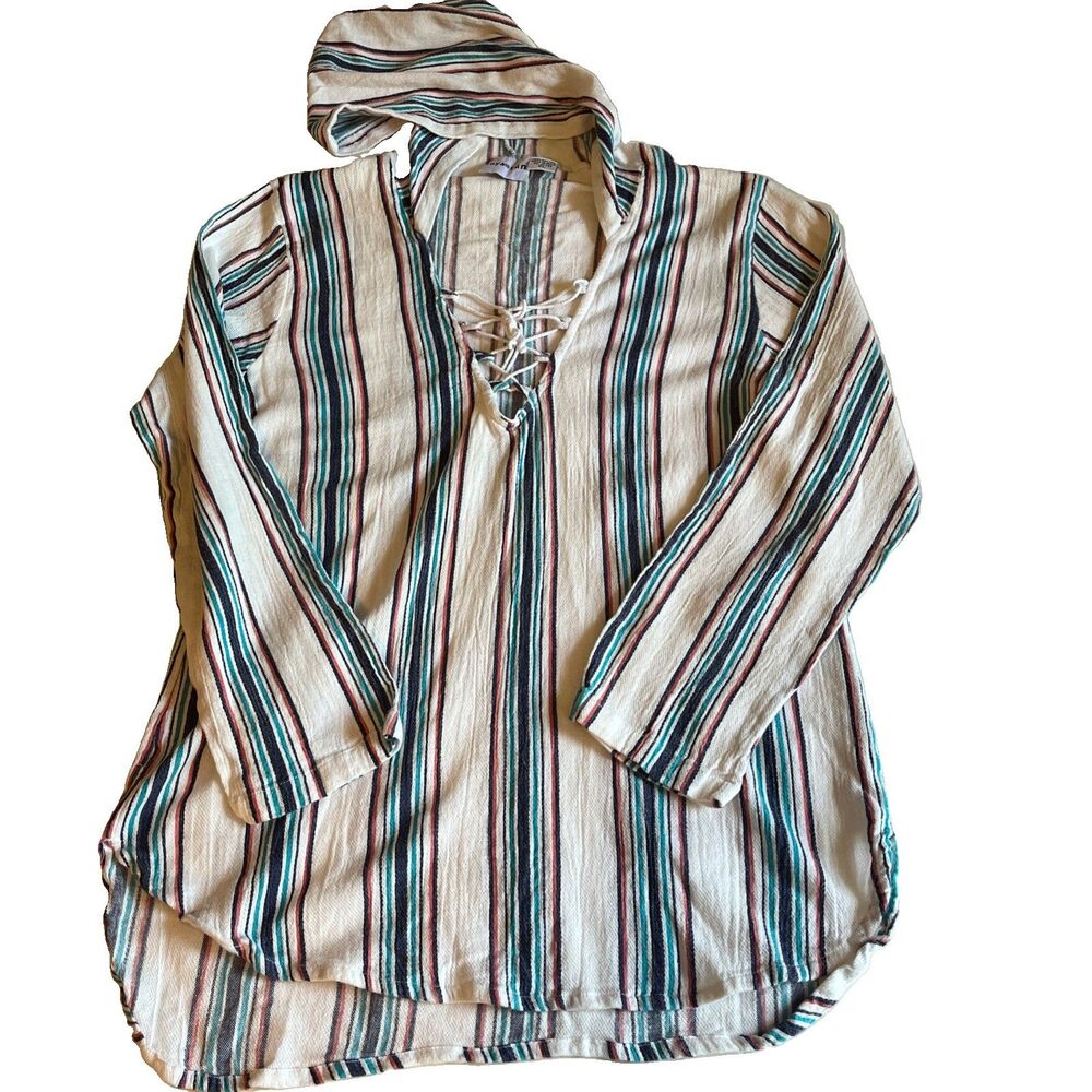 Raya Sun Tunic Hoodie Women XL Blue White Striped Pullover Beach Resort Coverup